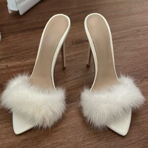 White Stiletto Mules with Fur Detail